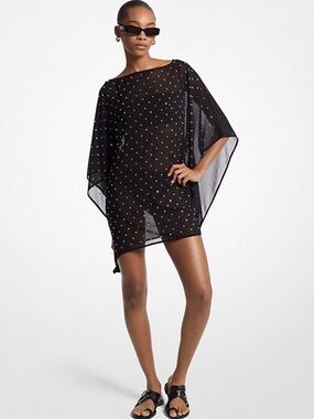 Michael Kors Black Sheer Polka Dot Silver Stud Swim Cover-Up Tunic Caftan